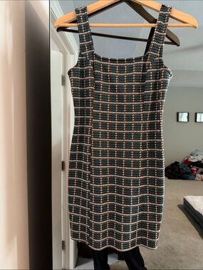 Sleeveless Mini Sheath Dress in Teal and Cream Check